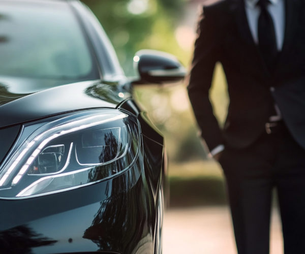 A man in a suit stands near a sleek, dark-colored car. The car's headlights are prominent, highlighting its modern design and elegant aesthetic.