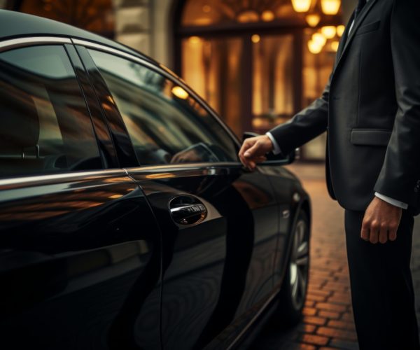 a man hands the door handle of a black car.